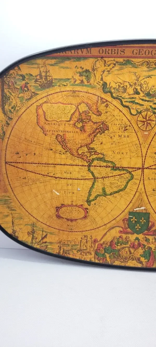 Vintage Old World Map Globe Serving Tray Made in Japan Oval Bar Serving Tray